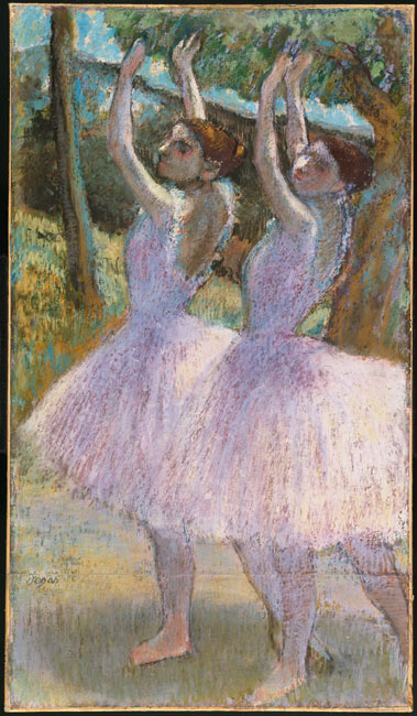 1898 Female dancers in violet skirts, their arms raised